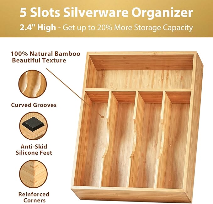 Umilife Kitchen Drawer Organizer, 10 Inch Silverware Utensil Tray Holder, Extra Deep, with Non-Slip Feet & Grooved Drawer Divider, 5 Slots Total Bamboo Wood Caddy for Flatware Cutlery Knives