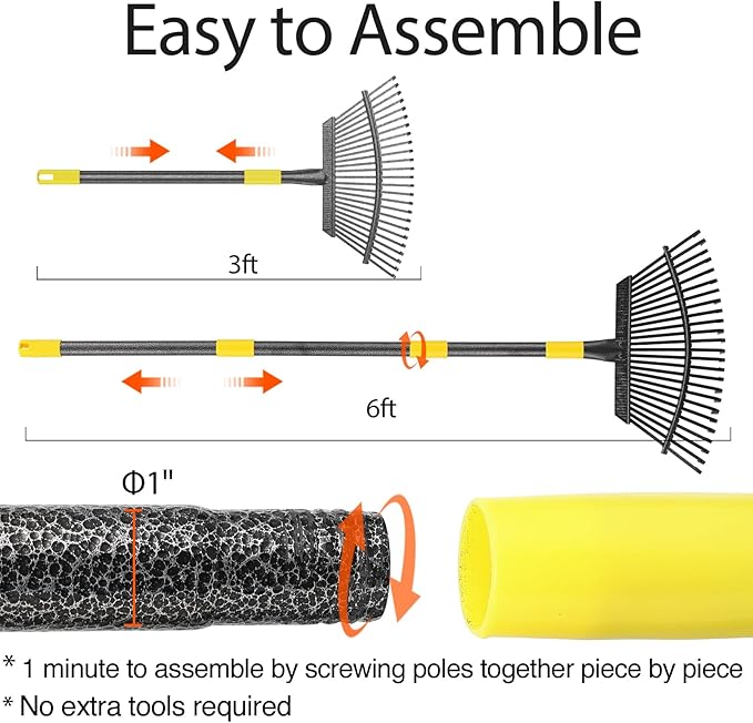 Rake for Leaves, 25 Tines 18" Wide Large Leaf Rake Heavy Duty for Lawns 6ft, Adjustable Lawn Yard Adult Kids Metal Garden Rake for Chicken Coop, Shrub, Pine Needle, Camping