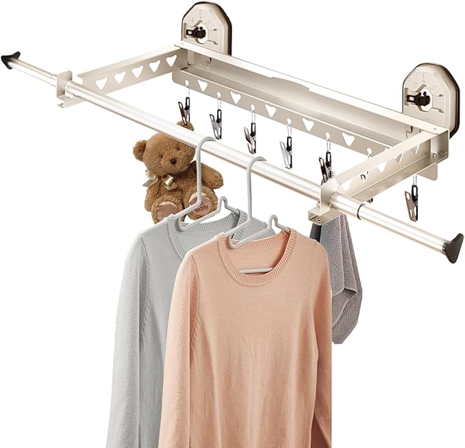 Extendable Clothing Dryer Rack, Invisible Folding Storage, Wall Mounted Drying Rack, Strong Suction Power, for Bed Linen, Clothing, Foldable Bathroom Wall Shelf (Milky White)