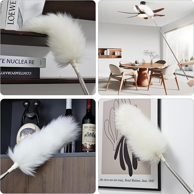 Extendable Lambswool Duster 29-110 Inch,Anti-Static Flexible Head, Stainless Steel Pole for Cleaning High Ceiling,Fan,Furniture,Roof Dusting