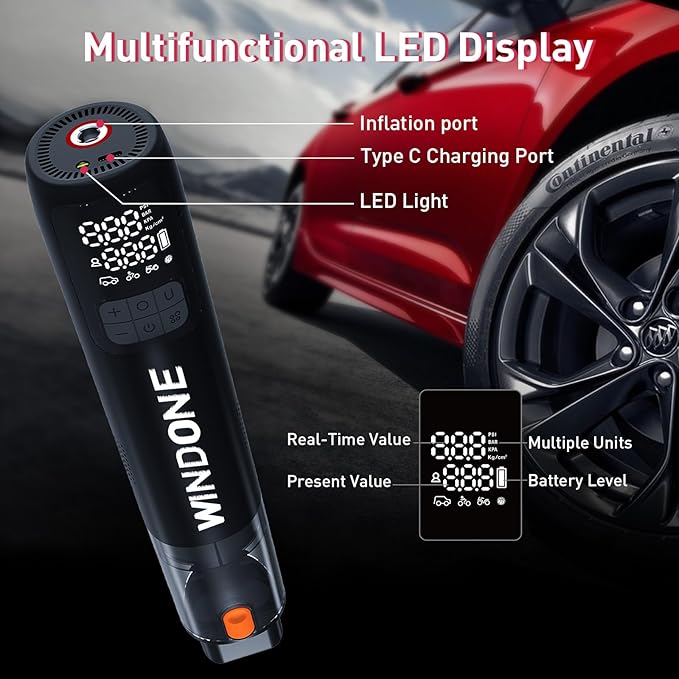 Car Vacuum, 12000Pa 2-in-1 Cleaner & Tire Inflator 150PSI, 60W Brushless Motor, Cordless Handheld Vacuum & Air Pump with Pressure Gauge, LED Light, Multi-Nozzles for Car, Home, Office