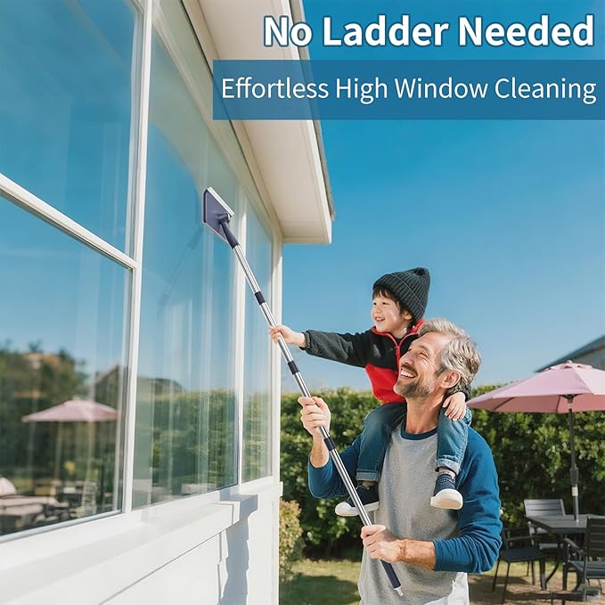 60" Window Squeegee Cleaner Tool for Home - 3 in 1 Rotatable Window Cleaning Kit, Washing Tool for Indoor/Outdoor Glass, Mirrors, Shower Windshield with 4 Poles, 3 Microfiber Cloths & Screen Brush