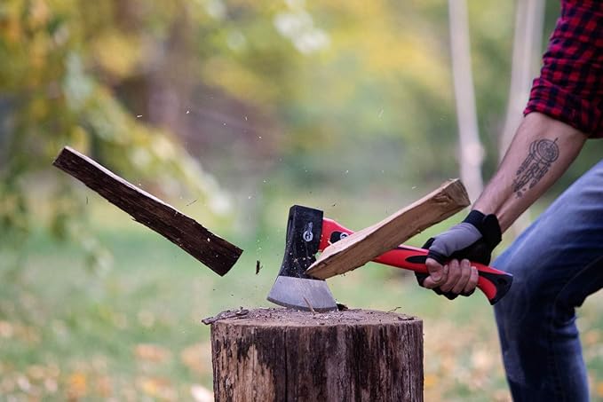 INTERTOOL Hatchet for Chopping Wood and kindling - Small Hand Axe for Camping Firewood - 15” Survival Ax - with Shock-Absorbing Fiberglass Anti-Slip Handle HT-0261