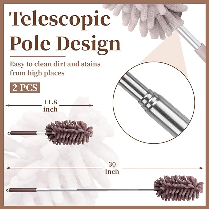 2 PCS Car Interior Duster with Extension Pole, Microfiber Car Dusters with Bendable Head, Cars Duster Exterior&Interior Scratch Free, for Cleaning of Vehicle Details, Offices, Window, Furniture(Brown)