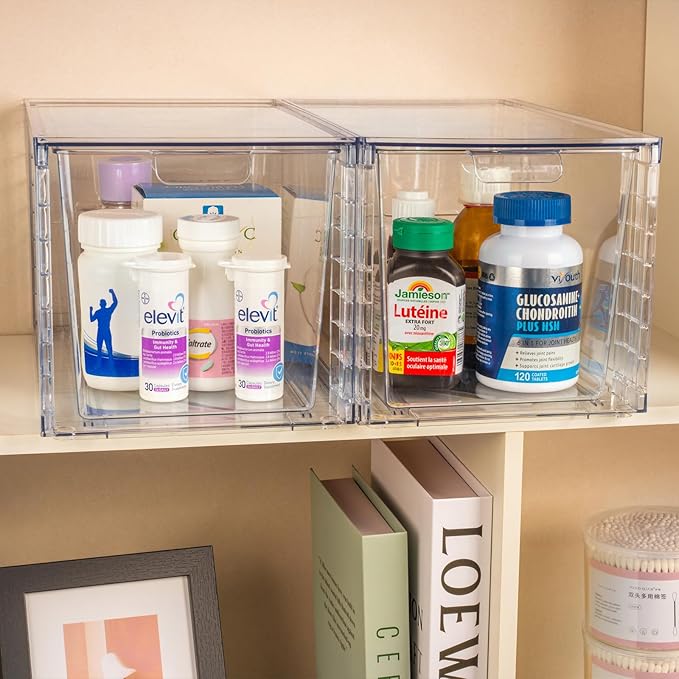 2Pack Large Stackable Storage Drawers,Clear Acrylic Organizers with Handle,Easily Assemble for Kitchen Undersink,Bathroom,Cabinet,Makeup,Closet,Medicine,Pantry Organization Bins