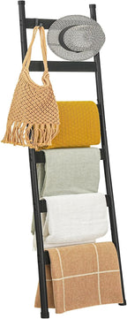HOOBRO Blanket Ladder, 6-Tier Towel Rack with Hooks, Wall-Leaning Blanket Rack, Decorative Display Ladder Shelf, Scarves, Industrial, Living Room, Bedroom, Black BB66CJ01