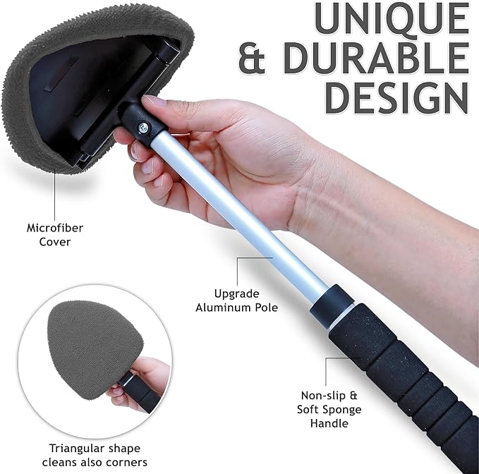 TAKAVU Car Window Cleaning Tool, Windshield Wiper Cleaner with Extendable Long-Reach Handle, 3 Washable Reusable Microfiber Bonnets, Car & Home Inside Interior Exterior Use - Lint Free (Grey)