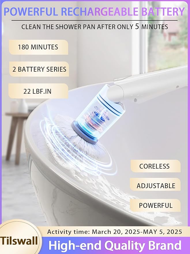 Tilswall Cordless Electric Spin Scrubber - IPX7 Waterproof Cleaning Brush with 180Min Runtime & 43" Extendable Handle, Ideal Gift for Home/Bathroom/Car (Includes 4 Brush Heads)