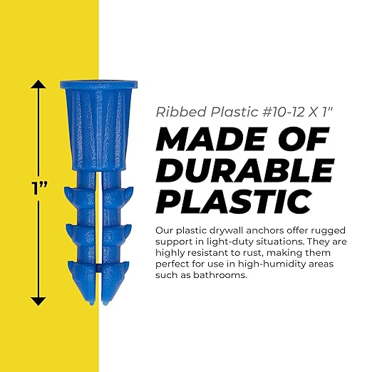 Qualihome Ribbed Plastic Drywall Anchors - Wall Anchors for Drywall - Plastic Screw Anchors for Secure Fastening (Bulk Pack, #10-12 x 1)
