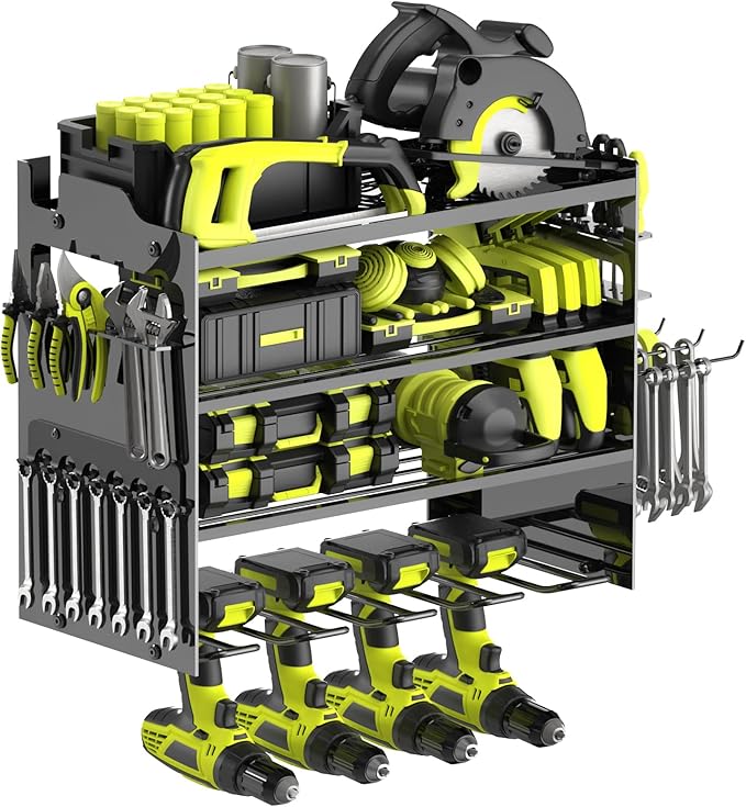 Power Tool Organizer Wall Mount with 4-Drill Holders-400Lbs Load Heavy Duty Metal 4-Layers Garage Storage & Organization Battery Tools Rack with Side Panels Utility Racks Workshop Gifts for Men
