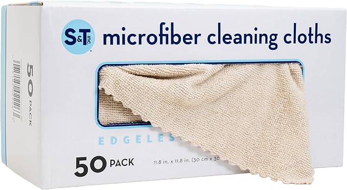 S&T INC. 50 Pack Microfiber Cleaning Cloth with Box, Bulk Towels for Home, Reusable Microfiber Towels for Cars, Cleaning Rags, Beige, 11.8 Inches x 11.8 Inches, 50 Count
