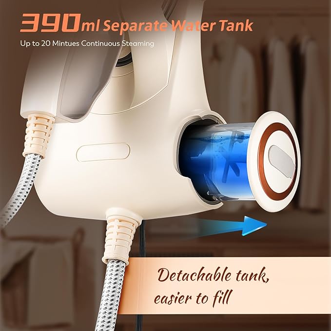 Handheld Steamer for Clothes, 1500W Garment Steamer Steam Iron with Large Soleplate, 390ml Detachable Water Tank, 2 Steam Levels/Pulse Steam/Dry Iron, 20s Heat Up, for Apartment/Hotel/Home