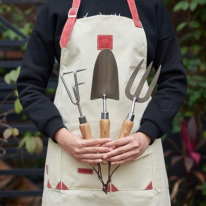 Berry&Bird Garden Tool Set 3 Pieces Stainless Steel Heavy Duty Gardening Kit Includes Hand Trowel, Hand Cultivator and Hand Fork with Wood Handle for Weeding Transplanting Digging, Ideal Garden Gifts