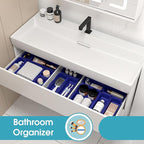 16 PCS Drawer Organizer Set, 4 Size Makeup Drawer Divider Organizer With Non-Slip Pads, Interlocking Plastic Storage Bins for Office,Jewelry Vanity,Gadgets, Bathroom,Kitchen, Navy