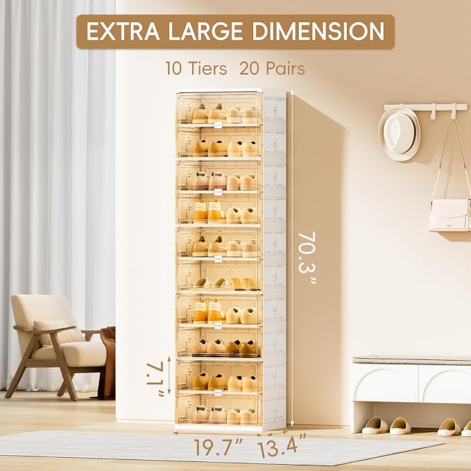 JEKO&JEKO 10-Tier Foldable Shoe Storage Box with Magnetic Doors, Large Stackable Shoe Organizer Cabinet for Entryway (White)
