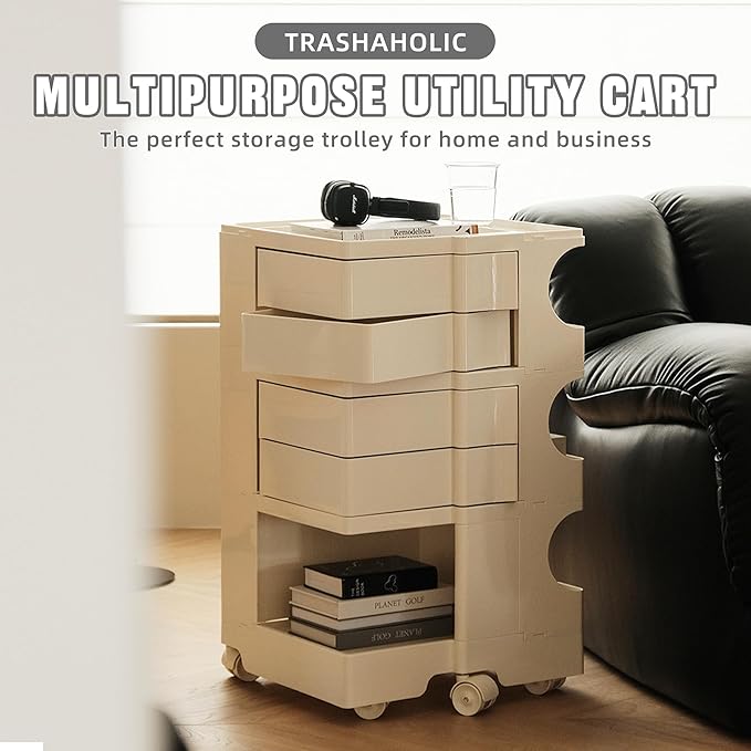 Multipurpose Utility Storage Cart - ABS Plastic Storage Caddy with Wheels and Slide Out Drawers - 360°Rotating Professional Trolley Cart - Mobile Caddy for Salon Supplies, Kitchen Needs (Beige)