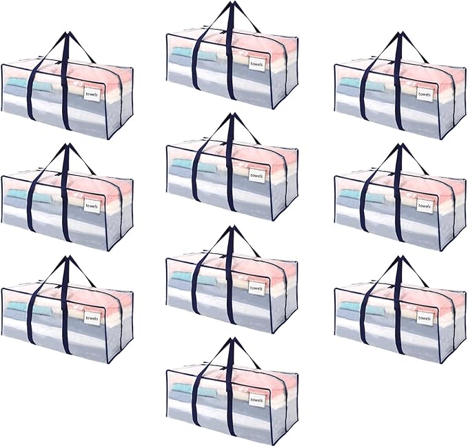 VENO 10 Pack Moving Bags Plastic Storage Totes Clothes Organization Large W Lid/Zipper. Packing Boxes/Bins Alternative. Space Saving Foldable College Supplies Essentials (Clear, 10 Pack)