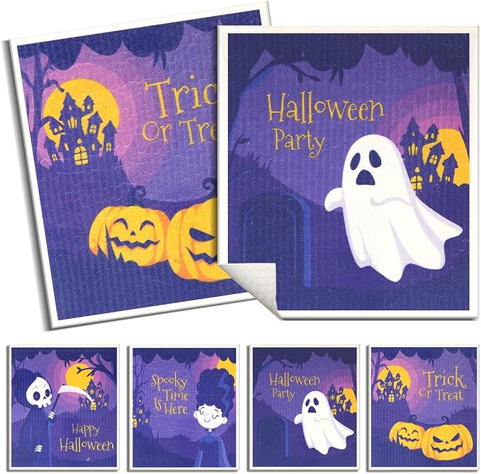 6 Pack Swedish Dishcloths for Kitchen |Watercolor Dish Towels | Reusable Paper Towels Washable | Non-Scratch Cellulose Sponge Cloths | No Odor, Biodegradable, Swedish Cloths, Halloween