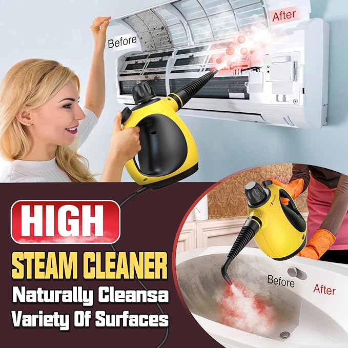 Pressurized Handheld Steam Cleaner for Home, Multi-Surface Steamer with 12 Accessories, 12.8oz Natural Steamer for Cleaning Car, Bathroom, Shower, Upholstery, Grout, Window, Grease