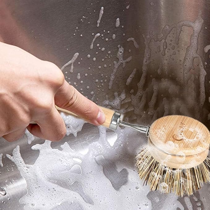 Bamboo Dish Scrubber - Hard Bristles, Natural Dish Brush with Handle, Compostable & Sustainable, Kitchen Scrub Brush for Cleaning Pot Bowl and Sink