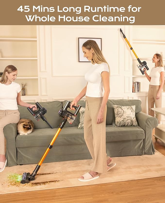 V15 Cordless Vacuum Cleaner, 45Mins Powerful Vacuum Cleaners for Home, Lightweight Stick Vacuum with Advanced Green Light Tech, Rechargeable Battery Vacuum for Carpet,Pet Hair,Hardwood Floor