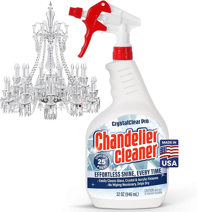 Chandelier Cleaner Drip Dry Spray - No Wipe Formula for Effortless, Streak-Free Shine on Crystal, Glass & Brass - Sprays up to 25 feet! Biodegradable, Non-Toxic & Time-Saving, 32 oz - Made in USA