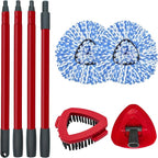 Spin Mop Replace Head, Base, Scrubber, Mop Handle for OCedar RinseClean 2-Tank System, Include 2 Microfiber Mop Refills, 1 Mop Handle, 1 Base and 1 Scrub Brush for Dry Wet Use Floor Deep Cleaning