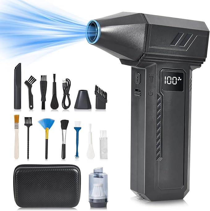 2-in-1 Electric Compressed Air Duster & Car Vacuum Cleaner - 130000RPM High Power Air Blower with LED Light 100-Gear Rechargeable Strong Keyboard Cleaner for PC, Laptop, Home, Car - Black