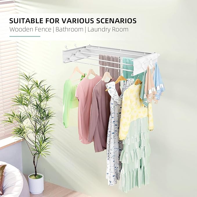 Laundry Drying Rack, Collapsible Wall Mounted Clothes Drying Rack - Foldable,Space Saving, 13.2 Linear Ft, 5 Aluminum Rods, 60 lb Capacity (White, 23.6" Wide)