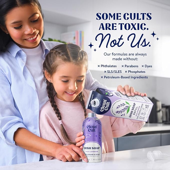 Cleancult Dish Soap Liquid Refills (32oz, 3 Pack) - Plant Based Cleaning Power - Dish Soap that Cuts Grease & Grime - Free of Harsh Chemicals - Uses 90% Less Plastic - Wild Lavender