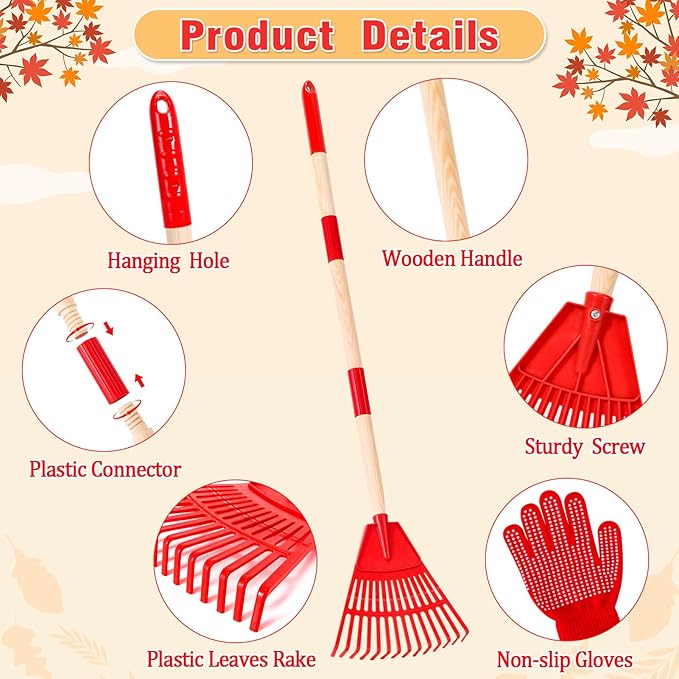 2 Pcs 35'' Kids Rakes for Leaves - Plastic Rake Head with 2 Pairs Kids Gloves, Small Kids Lawn Rakes Detachable Wooden Handle, Autumn Garden Tool Set for Kids Boys and Girls, Red & Blue, 3yr+