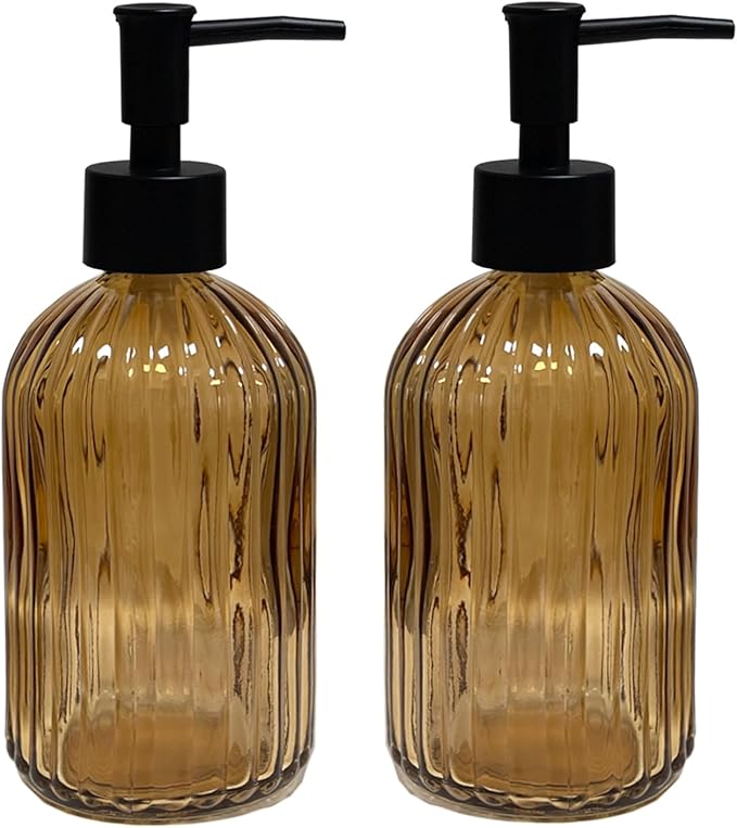 Brown Glass Soap Dispenser Set with Black Pump, 13.5oz Refillable Liquid Hand Dispenser, Vertical Stripe Lotion Dish Soap Dispenser for Modern Home Decor, Bathroom, Kitchen Countertop, Hotel(2 Pack)