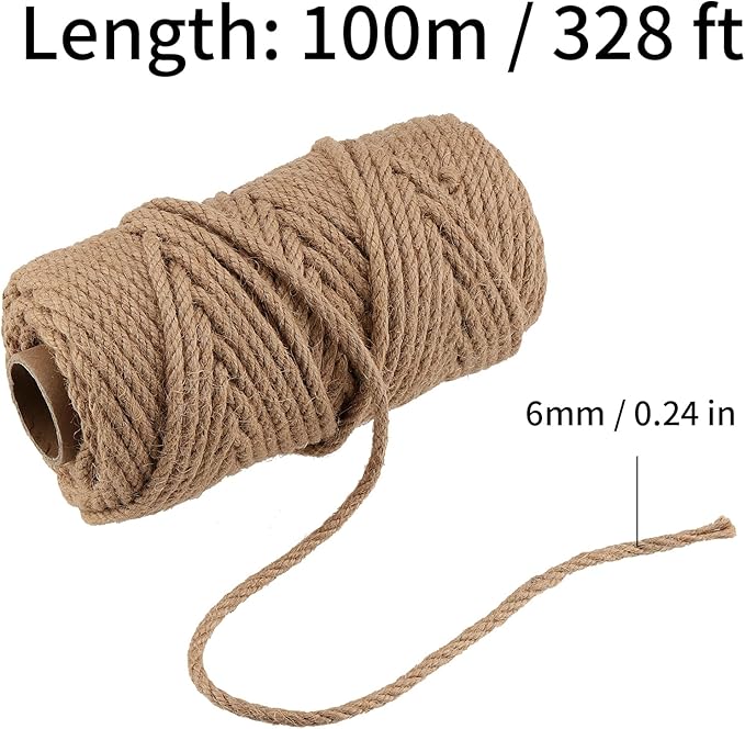 LEXININ 6mm Thick Jute Rope, 328 Feet Twisted Jute Twine, 6mmx100m Hemp Rope String for Crafts