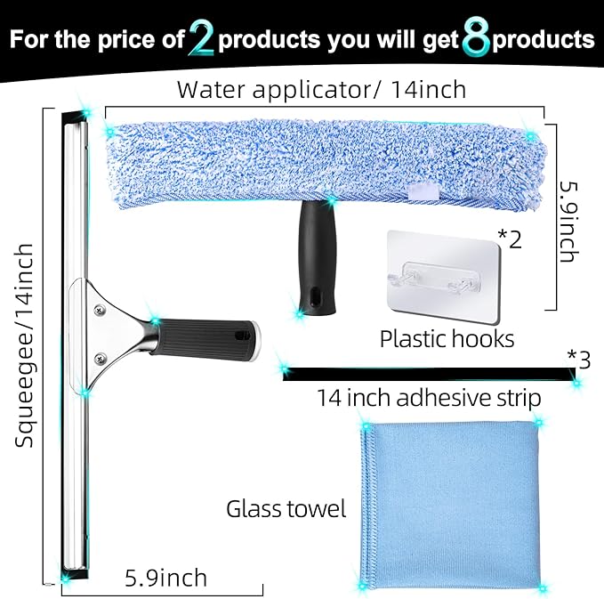 2Pack 14-Inch Multifunctional Rust Proof Window Cleaning Kit. for Shower Glass Doors, Bathroom Doors, Mirrors and Windows