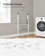 SONGMICS Clothes Drying Rack, with Sock Clips, Metal Laundry Rack, Foldable, Space-Saving, Free-Standing Airer, with 2 Height-Adjustable Gullwings, Indoor Outdoor Use, White and Gray ULLR052W02
