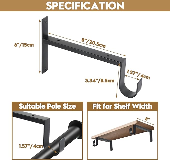 AddGrace Heavy Duty Closet Rod and Shelf Brackets 8 Inch Wall Mounted Closet Rod Bracket with Pole Holder Shelving Support with Screws for Laundry (2 Pack)