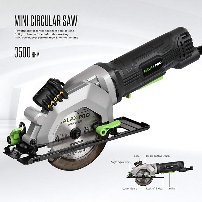 GALAX PRO 4Amp 3500RPM Circular Saw with Laser Guide, Max. Cutting Depth1-11/16"(90°), 1-1/8"(45°）Compact Saw with 4-1/2" 24T TCT Blade, Vacuum Adapter, Blade Wrench, and Rip Guide
