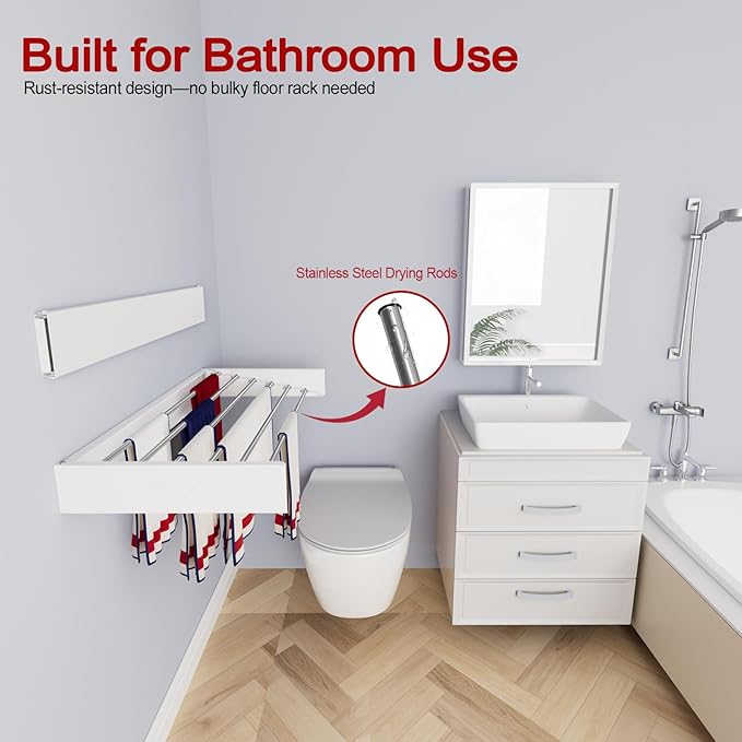 Wall Mounted Drying Rack 40", Foldable Laundry Drying Rack with Stainless Steel Rods, Retractable Laundry Space Saver for Indoor & Outdoor Use, Include Wall Template