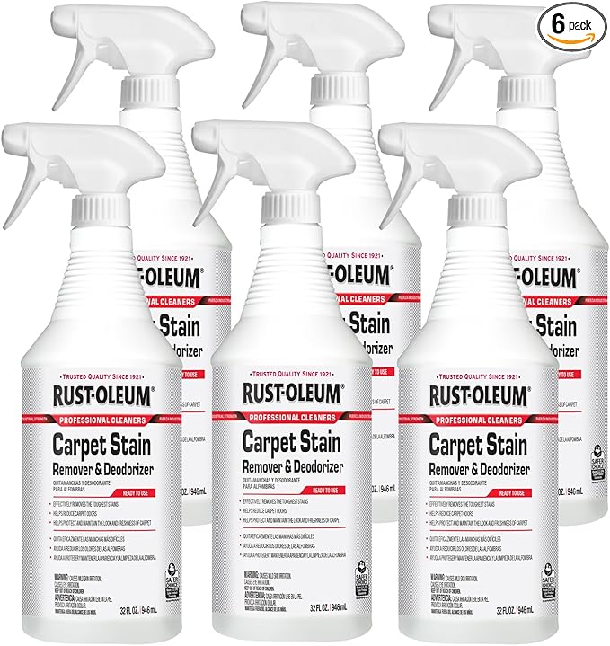 Rust-Oleum Professional Cleaners Carpet Stain Remover & Deodorizer | Trigger Spray 32oz Carafe Bottle | Professional Strength | Ready to Use | 6 Pack