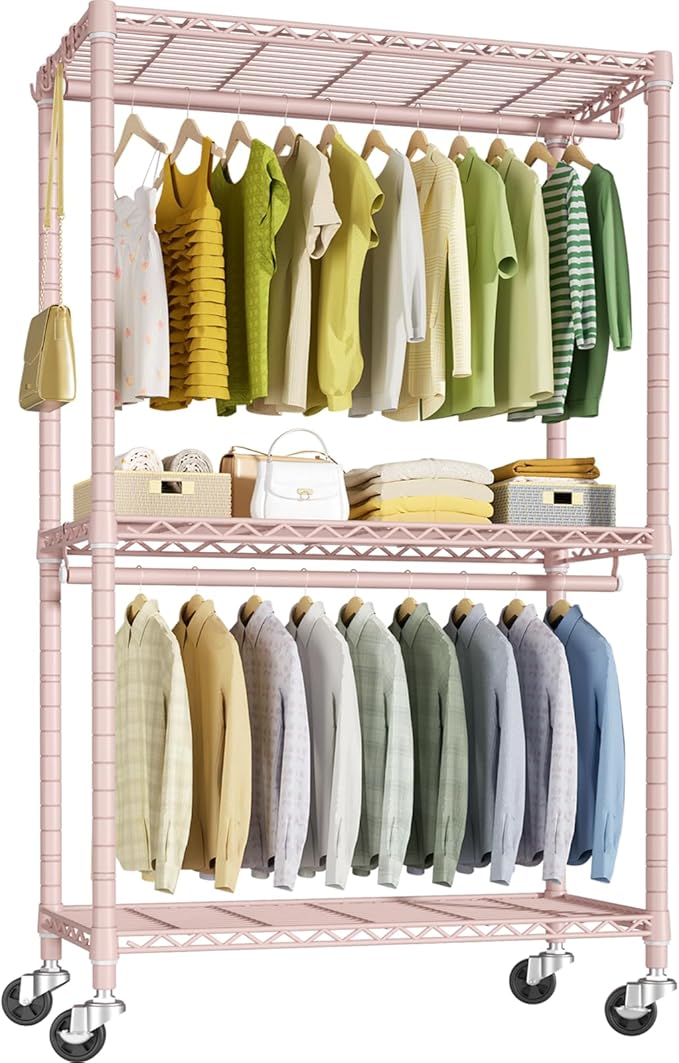 P3 Rolling Clothes Rack, Clothing Racks for Hanging Clothes, Heavy Duty Garment Rack with Wheels, Freestanding Portable Closet Organizer 39.4''W x 14''D x 78.5''H, Max Load 464 LBS, Pink