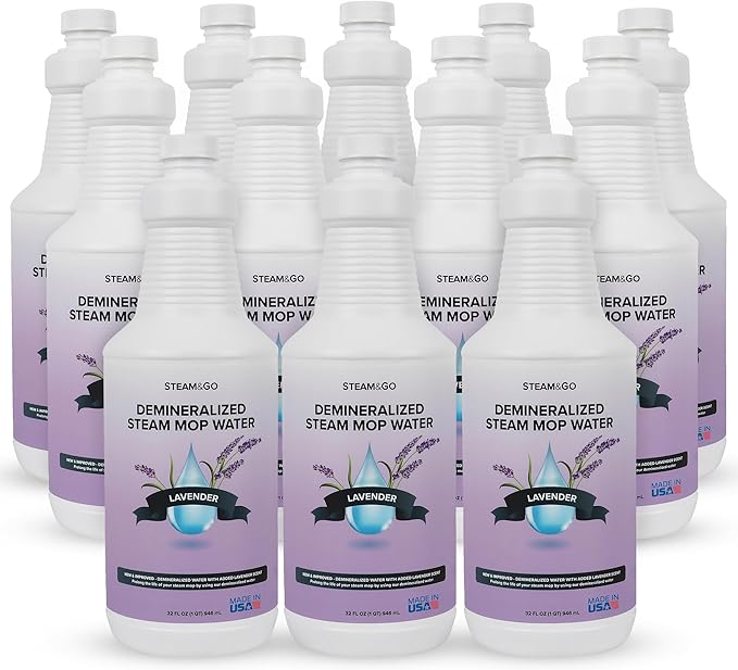 Steam & Go Demineralized Water for Steam Cleaner - PVC-Free Floor Cleaning Solution Compatible for All Steam Mops - Multi-Surface Cleaner for Home Surfaces - Lavender Scent, 32 oz (Pack of 12)