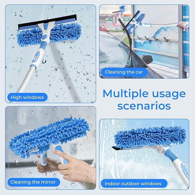 Window Squeegee Cleaner,2 in 1 Shower Squeegee with Extension Pole,92” Extendable Window Cleaning Kit with Bendable Head,Glass Cleaning Tools for Indoor Outdoor High Windows,Car Windshield