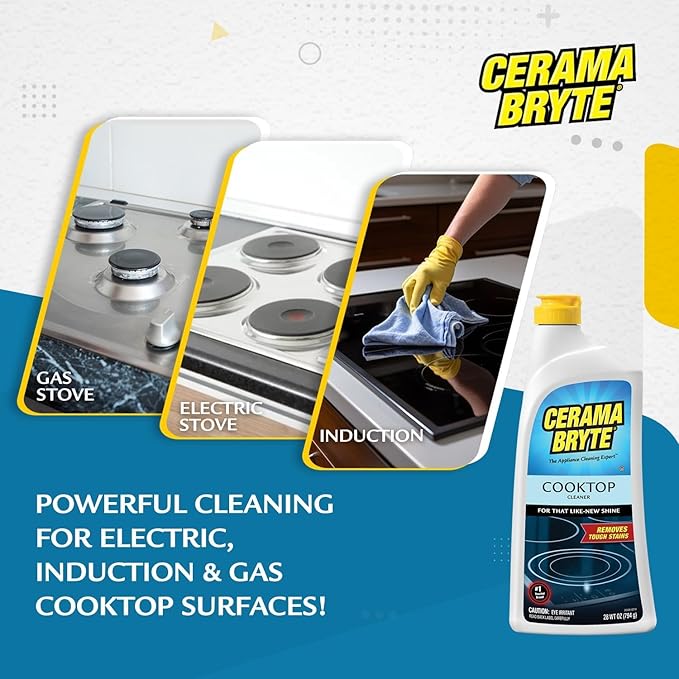 Cerama Bryte Ceramic Cooktop Cleaner (28 oz), Scraper and 5 Cleaning Pads Combo Kit