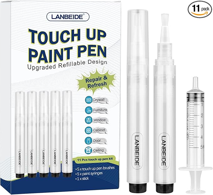 LANBEIDE Touch Up Paint Pen - Fillable Brush Pens 5Pcs for Drywall Repair, Wall, Furniture, Cabinet, Wood Floor, Window, 6ML