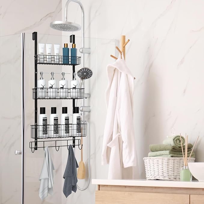 CADUKE Black Over The Door Organizer Over The Door Hooks with Basket Storage Door Towel Racks for Bathroom Door Storage Rack with 5 Hooks 3-Tier Door Hanger Basket for Kitchen