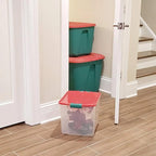 HOMZ 4-Pack Holiday Tote, Plastic Storage Organizer Bins with Lids, 31 Quart, Clear/Red - Stackable Organizing Containers for Home, Garage, and Office