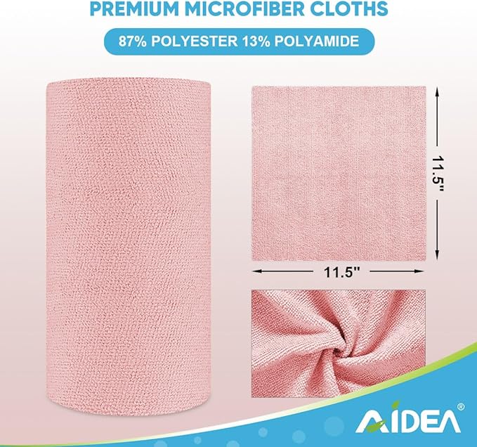 AIDEA Microfiber Cleaning Cloth Roll, 50PK, Tear Away Reusable Paper Towels Pink, Commercial Shop Rags, Microfiber Towels for Cars, Lint Free Cleaning Rags for House, Kitchen, Garage Shop, 11.5"×11.5"