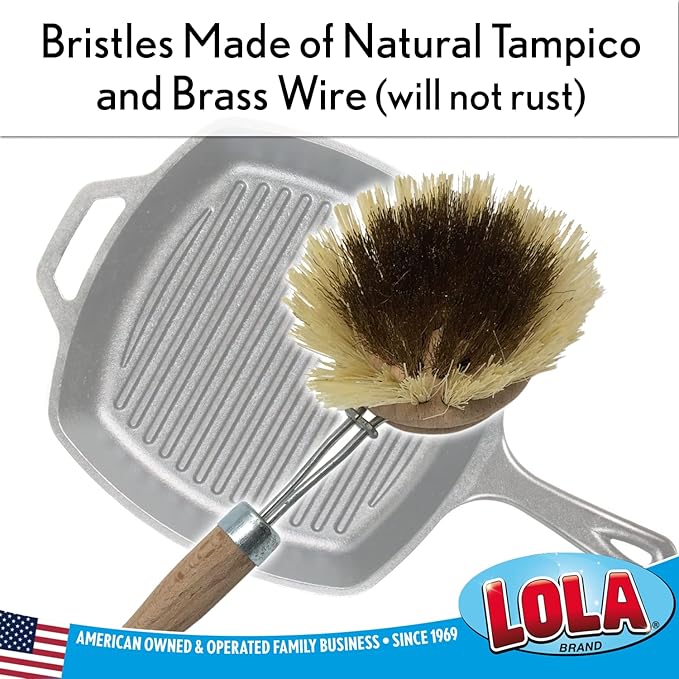 Lola Products Replacement Heads for The Original Pot & Pan Brush, Brass Wire & Tampico Bristles, Birch Hardwood, Heavy Duty Cleaning - 3 Pack