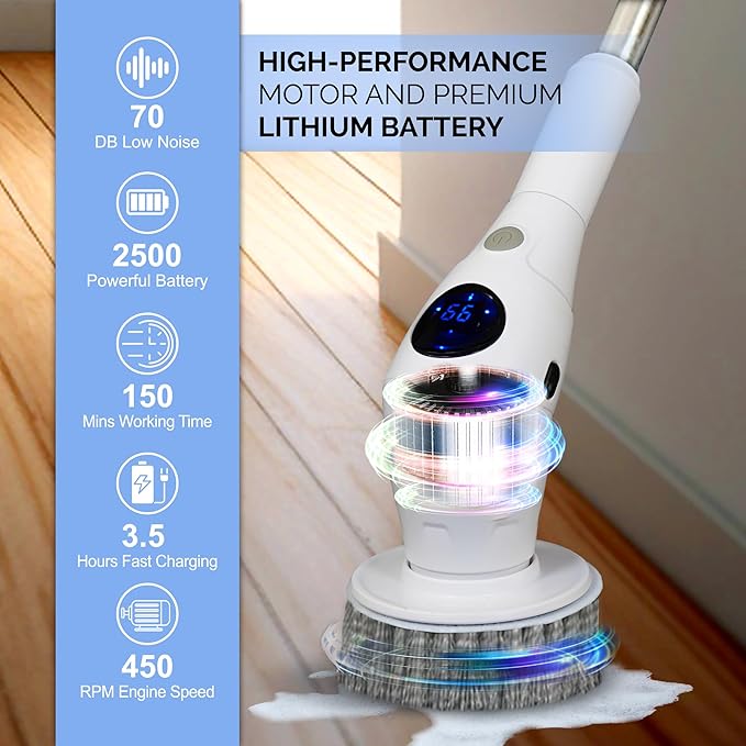 Electric Spin Scrubber, Cordless Power Brush with 8 Multi-Functional Heads, 3 Adjustable Speeds, IPX7 Waterproof, LED Display, Long Handle (13.8"-51"), Perfect for Bathroom, Tile, Kitchen, Car