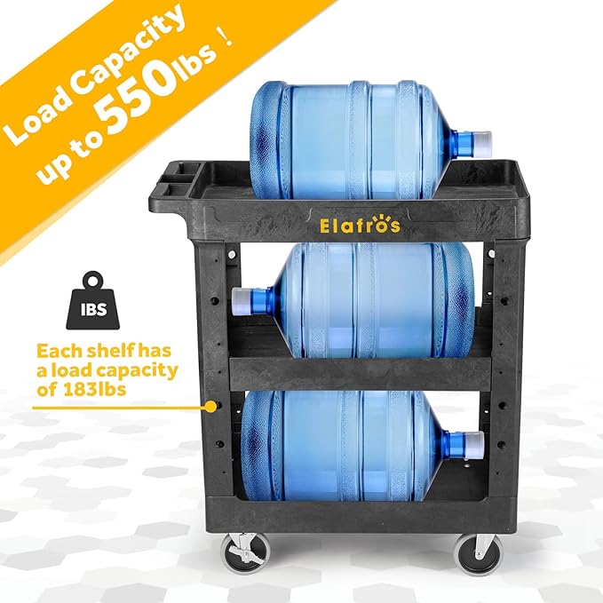 ELAFROS 3 Shelf Heavy Duty Utility Cart, 34" x 17" x 38.5", Rolling Work Cart with 4 Swivel Wheels, Deep Shelves, Safely Holds up to 550 lbs 3-Tier Service Tool Cart, Black